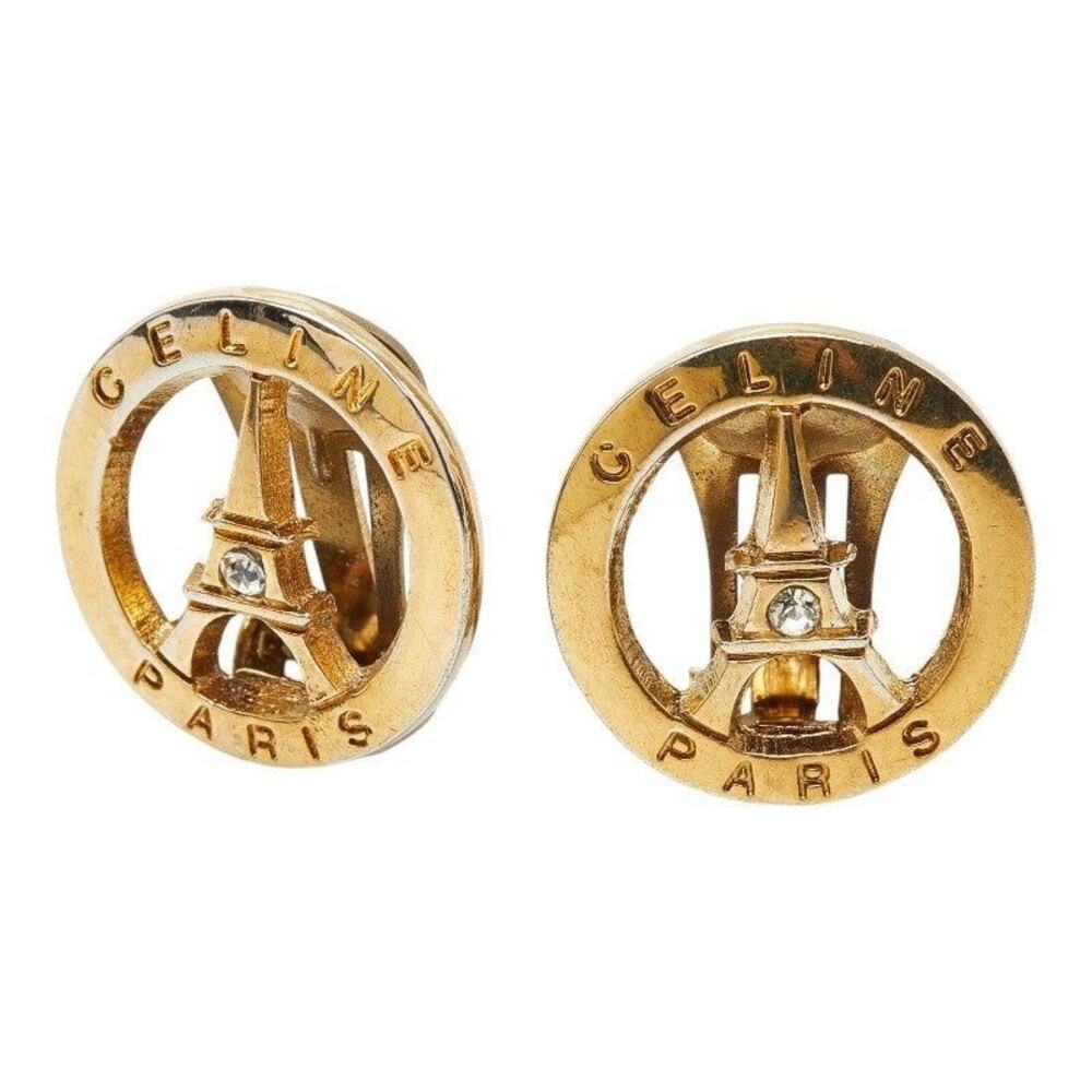 Celine Eiffel Tower Motif Round Rhinestone Plated Earrings Gold